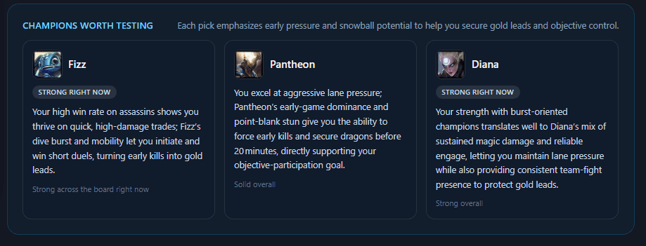 Three recommended champions, each with the reason it fits and what to watch out for.