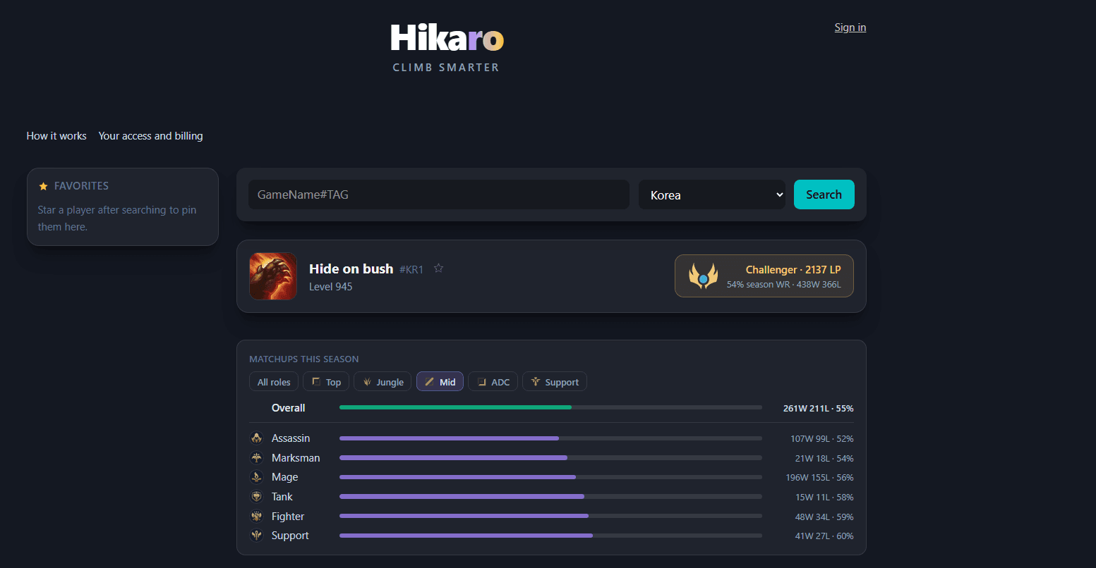A player profile with the search bar, the rank card and the season matchups by champion class.